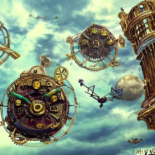 Image similar to flying city in a mechanical flower, sky, fantasy art, steampunk, masterpiece