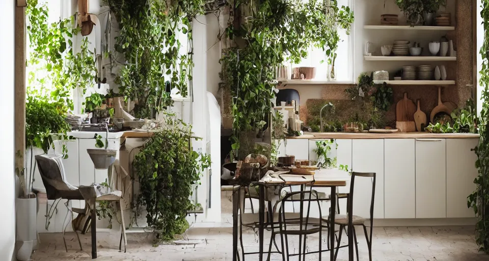 Image similar to IKEA catalogue photo, high end farm house style kitchen, sand piled in corners, dust, organic, vines, overgrown, tropical, by Dali