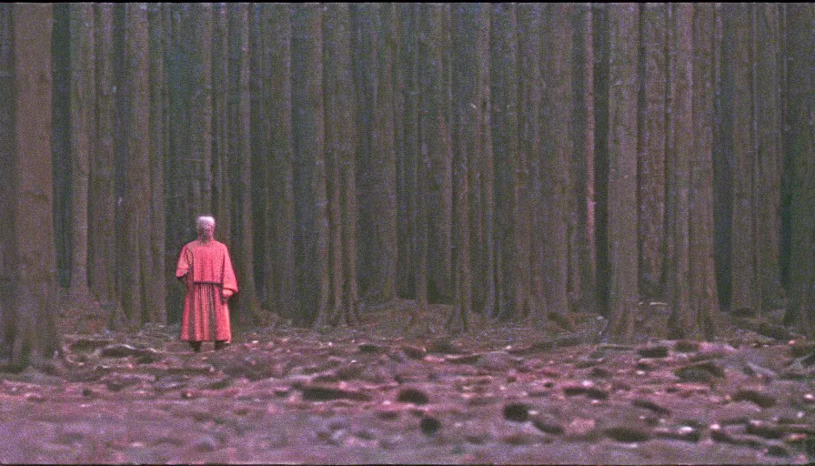 Image similar to 1 9 6 0 s movie still by tarkovsky of socrates in red lake, cinestill 8 0 0 t 3 5 mm, high quality, heavy grain, high detail, panoramic, cinematic composition, dramatic light, ultra wide lens, anamorphic