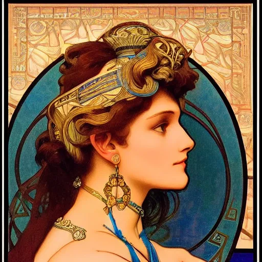 Prompt: a beautiful portrait of a woman inspired by the ishtar gate in ancient babylon. highly detailed face. art by alphonse mucha
