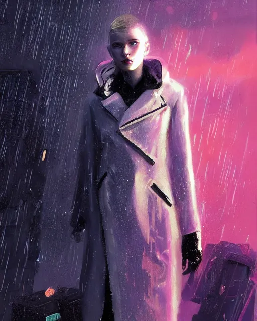 Image similar to detailed European Pretty Young Girl Storm Rain bladerunner movie Jacket coat, Futuristic sci-fi fashion, royal attire, low-emission-neon by ismail inceoglu dragan bibin hans thoma greg rutkowski Alexandros Pyromallis Nekro Rene Margitte illustrated Perfect face, sharp chine, fine details, realistic shaded, fine-face, pretty face