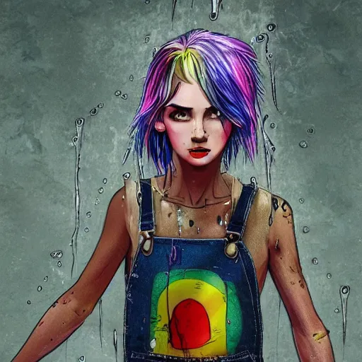 Prompt: a portrait of an beautiful grungy female with rainbow hair, dainty figure, torn overalls, short shorts, combat boots, wet tshirt, raining, made by viktor antonov, illustration, extremely detailed, beautiful,