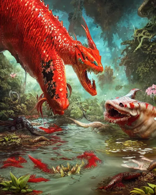 Image similar to game character beautiful giant huge kaiju sized pond dragon half fish half salamander, sea dragon, wet amphibious skin, red salamander, axolotl creature, koi pond, korean village by Ruan Jia and Gil Elvgren, fullbody
