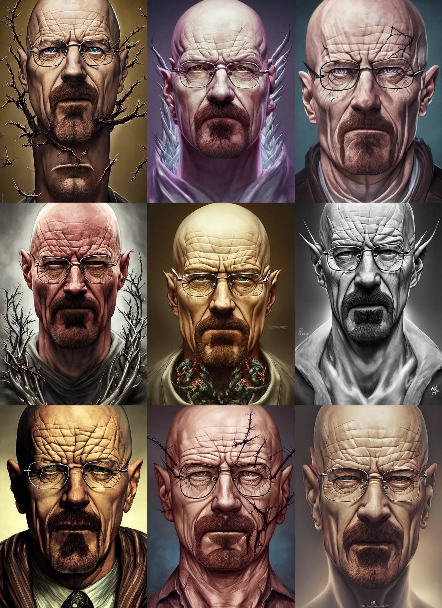 Prompt: a hyper detailed full face portrait of walter white transforming into the king of thorns, horror, sideshow figurines, diablo 4 lilith, by yusuke murata, by hiroya oku, by dorian cleavenger, by tom bagshaw, by zdzisław beksinski, trending on artstation