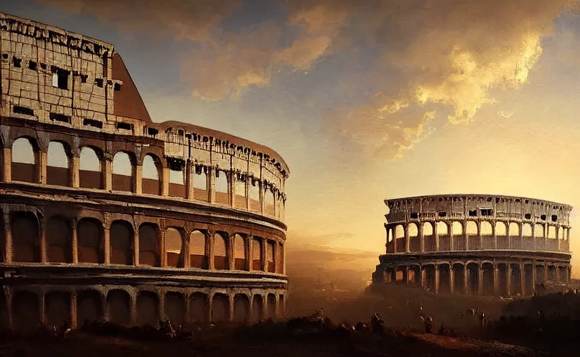 Image similar to painting of skyline of rome colloseum at sunset, natural light, concept art, by greg rutkowski, cozy atmospheric and cinematic lighting