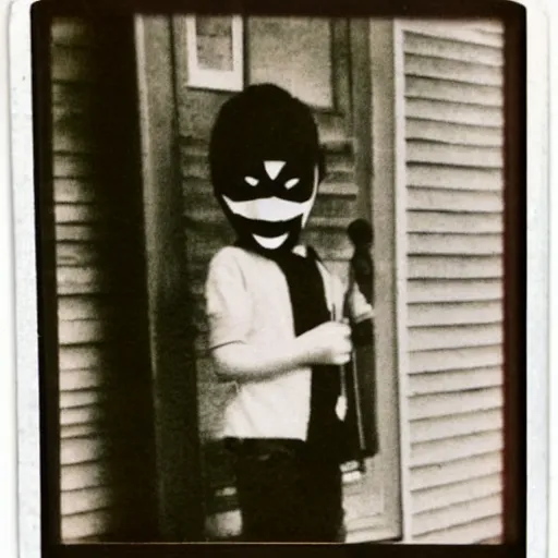 Image similar to found polaroid on a table. picture of a young child with a scary mask on a front porch. dark and spooky, flash photography