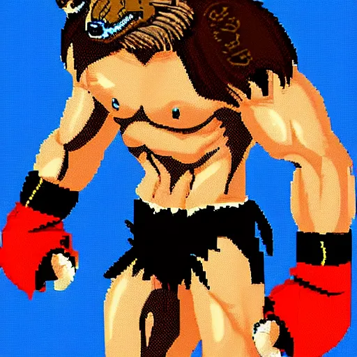 Image similar to full body antropomorphic muscular masculine wolf. kickboxer. wolf head. furr. 1 6 bit sega graphics. retrowave