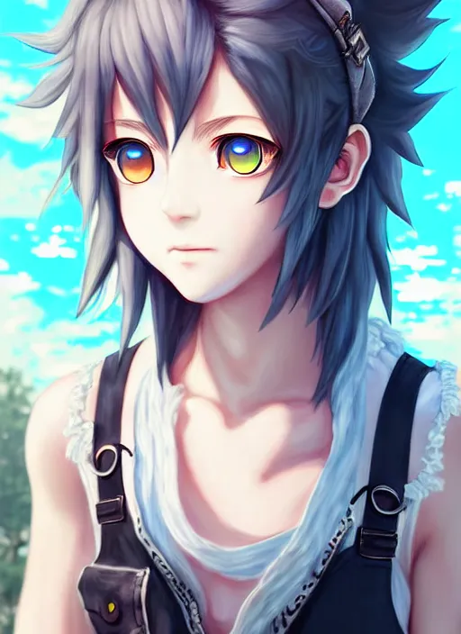 Image similar to a portrait of catgirl wearing white vest, and denim shorts an anime digital art ultrafine detailed painting, detailed painting, detailed eyes!!, final fantasy octopath traveler overlord