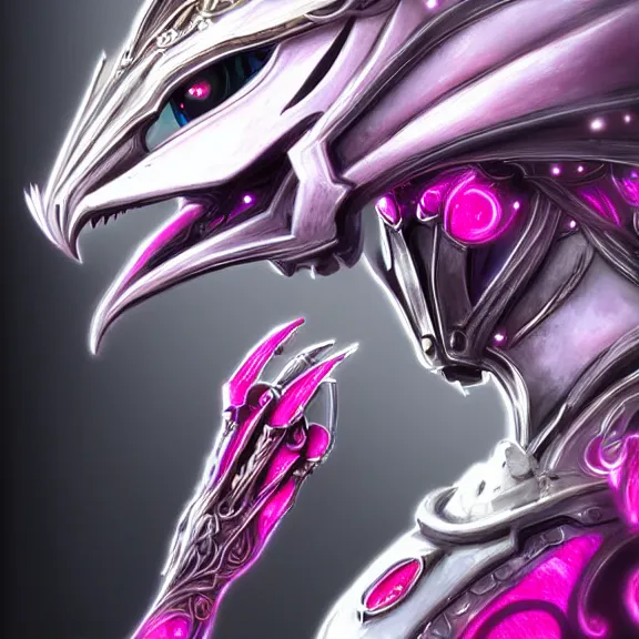 Image similar to highly detailed exquisite fanart, of a beautiful female warframe, but as an anthropomorphic elegant robot female dragon, shiny and smooth white silver plated armor engraved, robot dragon head, Fuchsia skin beneath the armor, sharp claws, long sleek tail behind, robot dragon hands and feet, standing elegant pose, close-up shot, full body shot, epic cinematic shot, professional digital art, high end digital art, singular, realistic, DeviantArt, artstation, Furaffinity, 8k HD render, epic lighting, depth of field