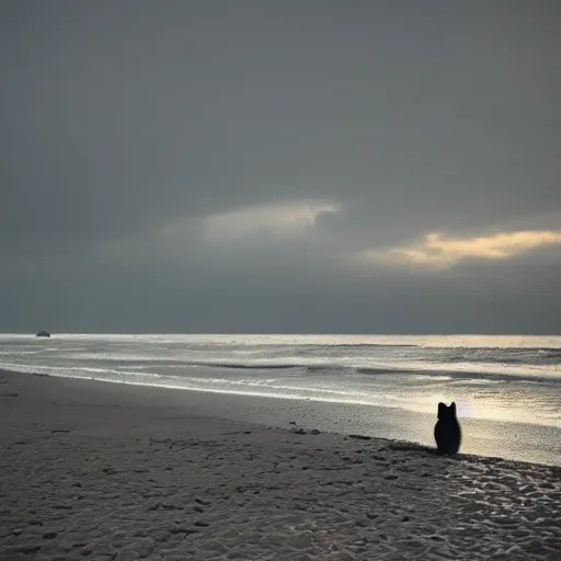 Prompt: cat in the beach lonley, night, cloudy