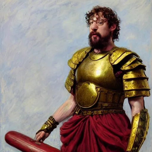 Image similar to Sam Hyde as a Roman warrior wearing gold and red armor, elegant suit, looking at bloody fist, portrait art by Claude Monet, highly detailed, digital painting, concept art, illustration, dim lighting with twilight rays of sunlight, trending on artstation, very detailed, smooth, sharp focus, octane render, close up