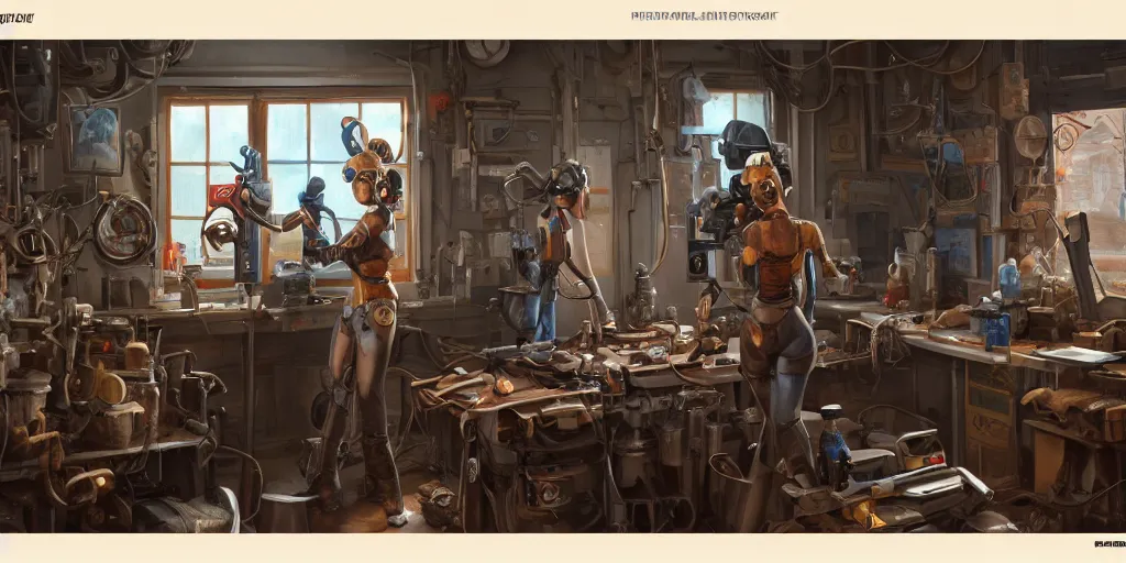 Image similar to highly detailed portrait painting of welder and angelina joile posing, mono eye window, workbench, symmetrical perfect eyes, by eddie mendoza and tyler edlin, 8 k resolution