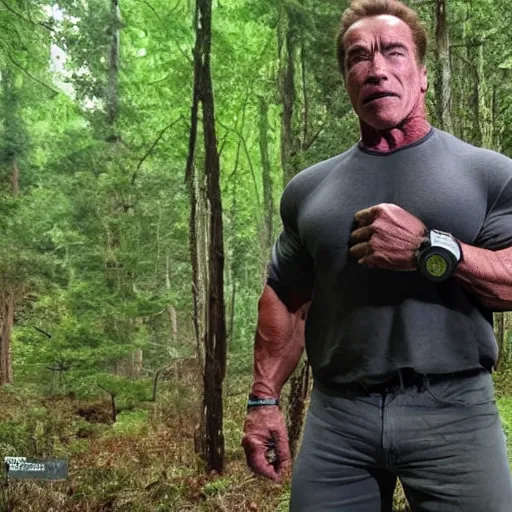 Image similar to Arnold Schwarzenegger at forest caught on trail cam, trail camera footage, wide angle lens, night vision