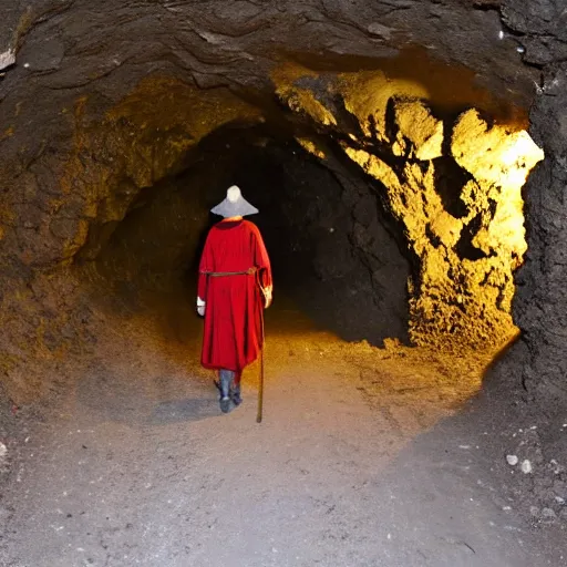 Prompt: a medieval pilgrimage on a dirt road in a gigantic cavern deep underground, dark