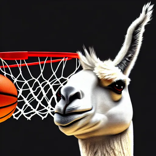 Image similar to a llama dunking a basketball, 4 k, digital art, high resolution, trending on artstation