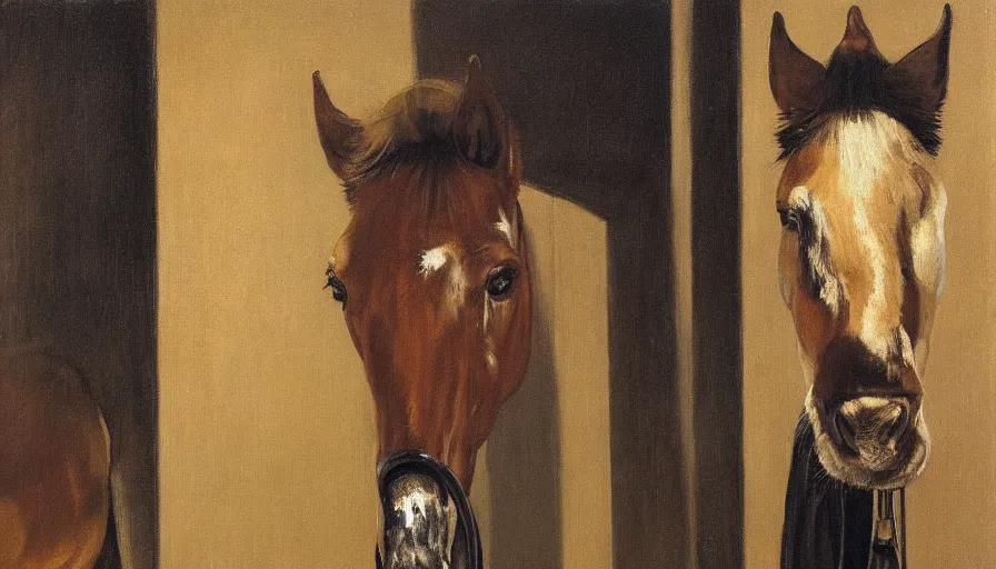 Prompt: painting by borremans, horse in front of the mirror, detailed, stunning