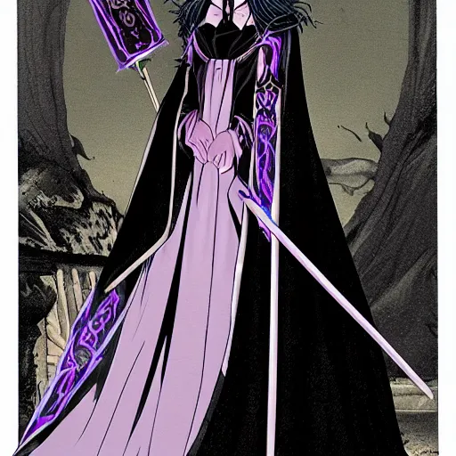 Image similar to an attractive anime female necromancer mage symmetrical, donned in black cloak with purple staff full body in frame