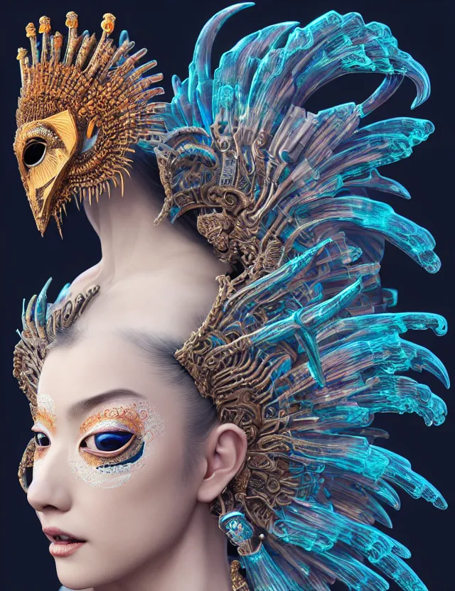 Image similar to 3 d goddess close - up profile portrait with crown, ram skull. beautiful intricately detailed tribal japanese crow kitsune mask and clasical japanese kimono. betta fish, jellyfish phoenix, bio luminescent, plasma, ice, water, wind, creature, artwork by tooth wu and wlop and beeple and greg rutkowski