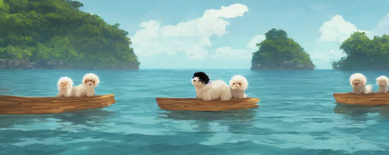 Prompt: a cream - colored havanese dog and shih tzu, sailing a log raft onto the shore of a beautiful tropical beach, detailed, atey ghailan, goro fujita, studio ghibli, rim light, exquisite lighting, clear focus, very coherent,