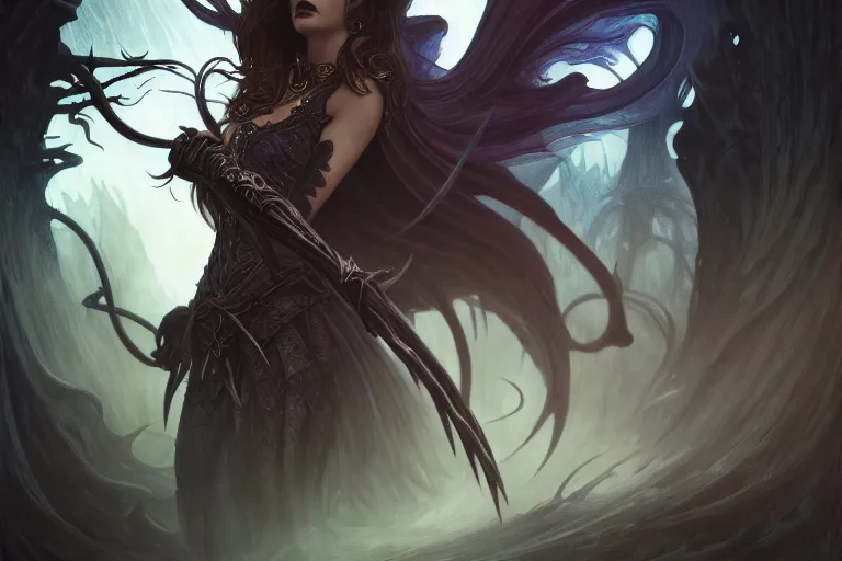 Prompt: dark banshee, cinematographic shot, deep focus, d & d, fantasy, intricate, elegant, highly detailed, digital painting, artstation, concept art, matte, sharp focus, illustration, hearthstone, magic the gathering, art by willian murai and karla ortiz and alphonse mucha