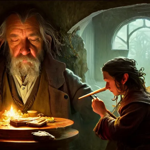 Image similar to A hobbit smoking meth, ultra realistic, concept art, intricate details, eerie, highly detailed, photorealistic, octane render, 8k, unreal engine, art by artgerm and greg rutkowski and alphonse mucha