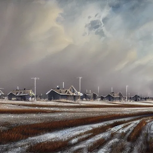 Image similar to an extremely detailed painting by cedric peyravernay of a large array of houses in a contested territory between the soviet union and america, snowy landscape, authoritarian vibes, extremely detailed, 4 k