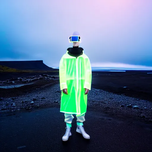 Image similar to an ultra high definition professional studio quality photograph of an artificially intelligent cyberpunk vr influencer wearing a transparent iridescent pastel coloured face visor and matching raincoat on white coat hook in a sheer icelandic black rock environment. dramatic lighting. volumetric shadows. light rays