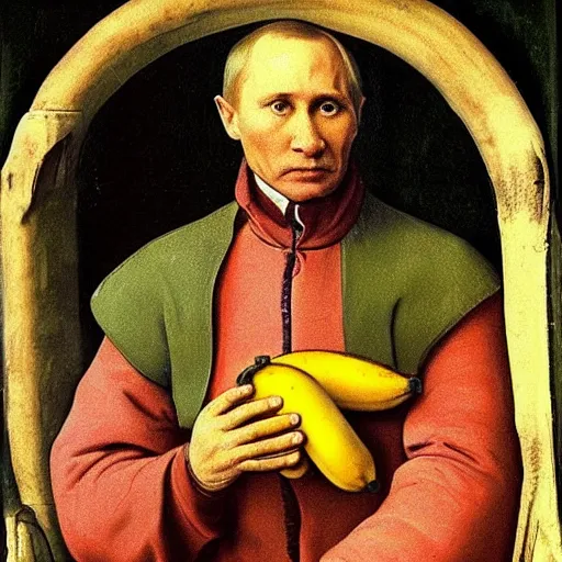 Prompt: putinrenaissance painting, holding a banana