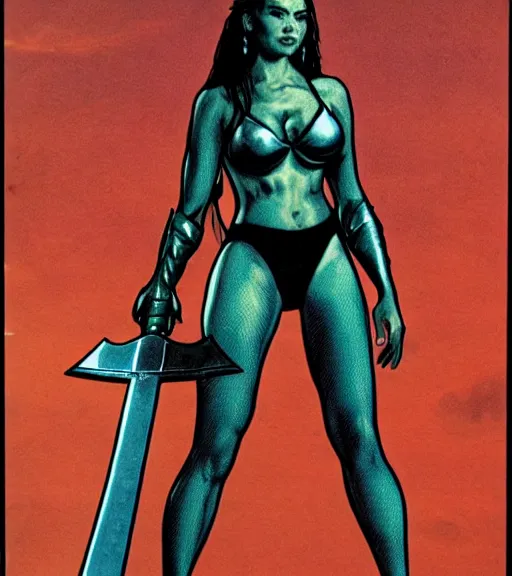 Image similar to 1 9 8 0 s fantasy novel book cover, amazonian nadine velazquez in extremely tight bikini armor wielding a cartoonishly large sword, exaggerated body features, dark and smoky background, low quality print