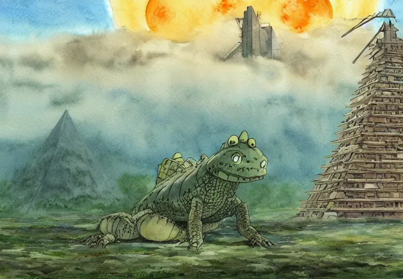 Image similar to a hyperrealist watercolor concept art from a studio ghibli film showing a giant beige mechanized crocodile from howl's moving castle ( 2 0 0 4 ). a pyramid is under construction in the background, in the rainforest on a misty and starry night. a ufo is in the sky. by studio ghibli