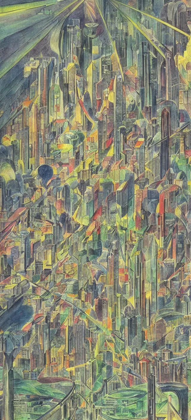 Prompt: a futuristic cityscape by william blake, colorful, wide greenways