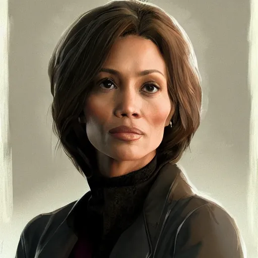 Image similar to maci holloway in a political meeting, first woman elected as president in usa, cold but beautiful, about 3 5 years old, highly detailed, mix of halle berry and julia roberts, gong li, olga kurylenko, artstation hd, deviantart, by artgem, greg rutkowski