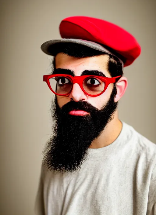 Prompt: kodak portra 4 0 0, 8 k, highly detailed, britt marling style, color studio - portrait of a young ducktail bearded middle eastern american male with black wayfarer glasses and red baseball hat, black hair, muted colors, up face with 1 9 2 0's hairstyle and cloth style, asymmetrical, hasselblad