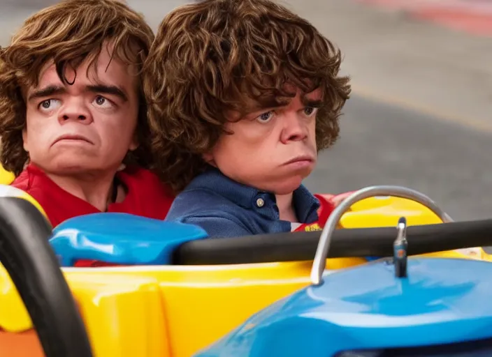 Image similar to peter dinklage racing gary coleman driving a little tikes cars, movie still, from the new fast and furious movie, 8 k, realistic