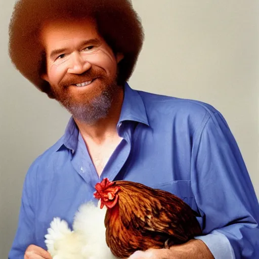 Image similar to bob ross holding a chicken, portrait,