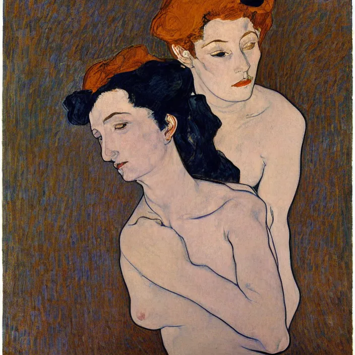 Image similar to portrait of a woman with iris. indigo blue. henri de toulouse - lautrec, egon schiele