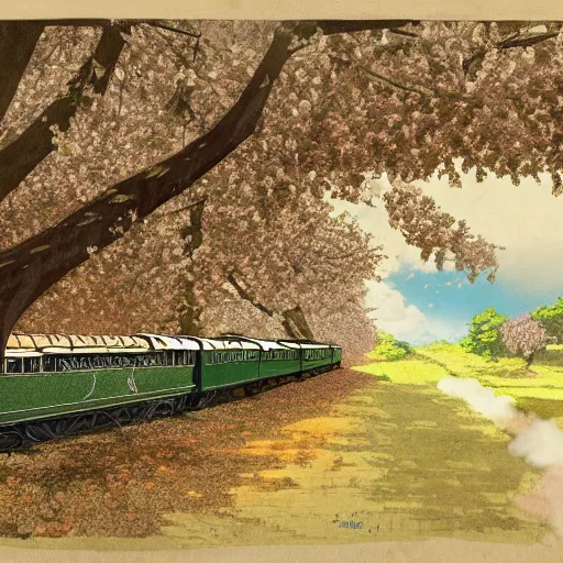 Image similar to concept art painting of a historic transverse view of a steam train, the train carries a cherry tree in flower, realistic, detailed, cel shaded, in the style of makoto shinkai and greg rutkowski and james gurney