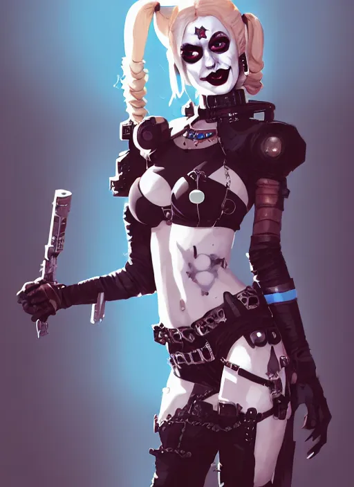 Image similar to portrait of cute goth harley quinn in cyber bikini armor, warhammer, cyberpunk, by atey ghailan, by greg rutkowski, by greg tocchini, by james gilleard, by joe fenton, by kaethe butcher, dynamic lighting, gradient light blue, brown, blonde cream and white color in scheme, grunge aesthetic