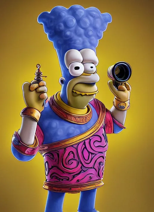 Prompt: an anthropomorphic beautiful homer simpson alien wizard portrait holding a telescope wearing colourful robe, fine art, award winning, intricate, elegant, sharp focus, octane render, hyperrealistic, wizard hat cinematic lighting, highly detailed, digital painting, 8 k concept art, art by jamie hewlett and z. w. gu, masterpiece, trending on artstation, 8 k