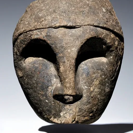 Prompt: stone mask from the pre - ceramic neolithic period, dating to 7 0 0 0 bc, probably the oldest surviving mask in the world