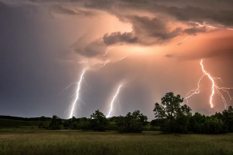 Image similar to a photograph of a tornado, thunderstorm, lightning bolts, illuminated from various angles by the setting sun, cinematic, dramatic lighting, mystic hue