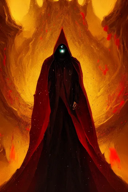 Image similar to A full body portrait of a mysterious character with no face with a very long hooded blood red and black cloak, a golden crown floating above his head tentacles coming out the ground art by James Paick, and Shaddy Safadi, ominous, cosmic horror, trending on artstation, Ultra detailed, hyper realistic 4k