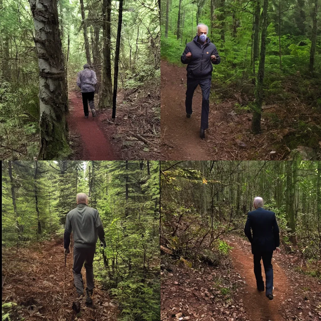 Prompt: joe biden lost in the forbidden forest, trail cam