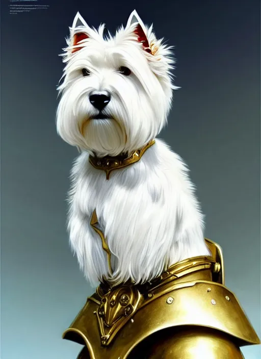 Prompt: a west highland white terrier sitting politely, facing the camera, wearing futuristic, golden armor, and a cannon mounted on his back, portrait, high detail, sharp focus, digital painting, artstation, concept art, art by hayao miyazaki and artgerm and greg rutkowski and alphonse mucha.