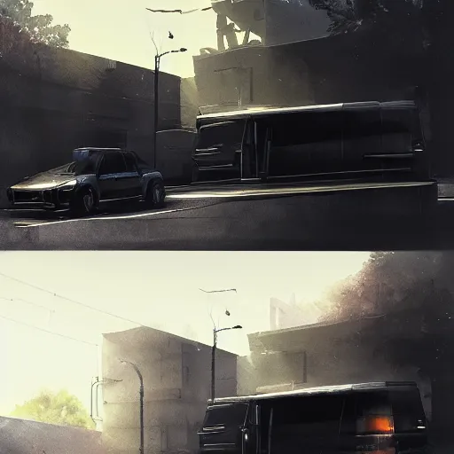 Image similar to a windowless black van parked on the street in front of an expensive modern house in a nice neighborhood, dramatic lighting, illustration by Greg rutkowski, yoji shinkawa, 4k, digital art, concept art, trending on artstation