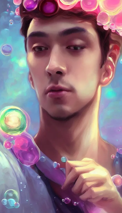 Image similar to man gets samsung galaxy 2 2, dreamy and ethereal, expressive pose, big pink eyes, exciting expression, fantasy, intricate, elegant, many rainbow bubbles, rose tones, highly detailed, digital painting, artstation, concept art, cyberpunk wearing, smooth, sharp focus, illustration, art by artgerm and greg rutkowskiand alphonse mucha