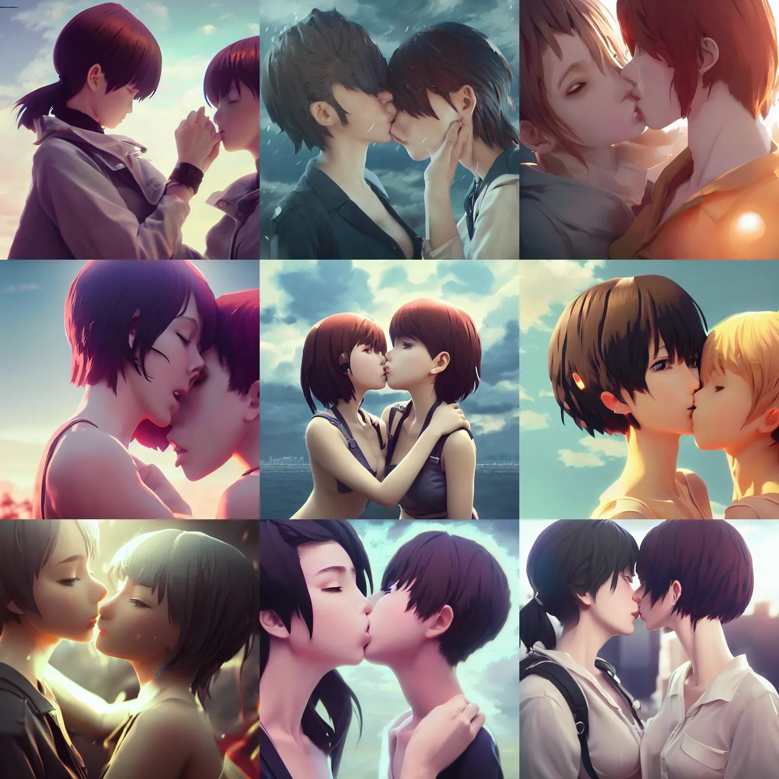 Image similar to worksafe. instagram photo. insanely detailed. by wlop, ilya kuvshinov, krenz cushart, greg rutkowski, pixiv. zbrush sculpt, octane, maya, houdini, vfx. close - up, two anime girls kiss. in luxury advertisement. cinematic dramatic atmosphere, sharp focus, volumetric lighting