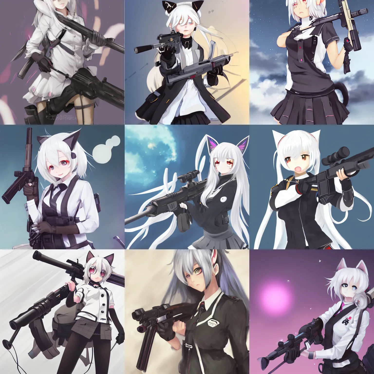 Prompt: anime, full body, cute, female, a white haired cute cat girl wearing a school uniform with cat ears and holding a sniper rifle, gorgeous lighting, cat girl, highly detailed, digital painting, art station, sharp focus, frontal view, illustration, concept art, advanced digital anime art