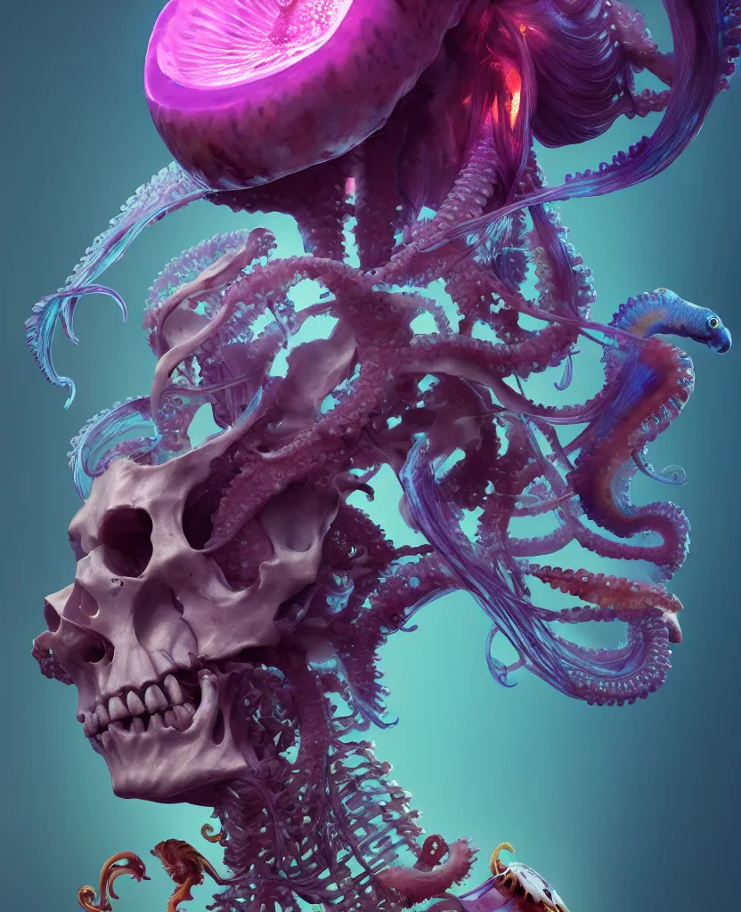 Image similar to goddess close - up portrait human skeleton, ram skull, squid phoenix jellyfish, orchid, betta fish, bioluminiscent, intricate artwork by tooth wu and wlop and beeple. octane render, trending on artstation, greg rutkowski very coherent symmetrical artwork. cinematic, hyper realism, high detail, octane render, 8 k