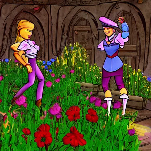 Image similar to Cinderella gardening flowers, in the style of Borderlands psycho video game, high contrast